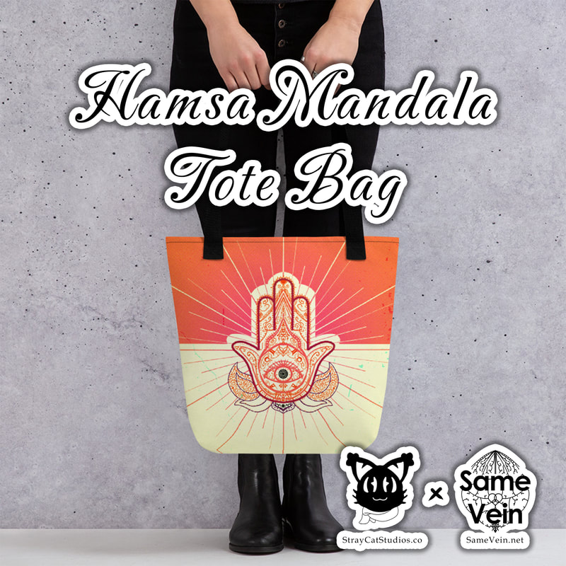 HAMSA MANDALA | BOHO TOTE BAG

***DETAILS***

A spacious and trendy tote bag with a hand drawn Hamsa Mandala design to help you carry around everything that matters while providing you peace and protection both inside and out!

***FABRICATION & MATERIALS***

•	100% spun polyester fabric
•	Bag size: 15″ × 15″ (38.1 × 38.1 cm)
•	Capacity: 2.6 US gal (10 l)
•	Maximum weight limit: 44lbs (20 kg)
•	Dual handles made from 100% natural cotton bull denim
•	Handle length 11.8″ (30 cm), width 1″ (2.5 cm)
•	The handles can slightly differ depending on the fulfillment location
•	Blank product components sourced from China

***DISCOVER MORE***

If you enjoyed this Boho Tote Bag, check out our others here:

Boho Tote Bags: https://www.etsy.com/shop/SameVein?ref=profile_header&section_id=37425012

***SAME VEIN & STRAY CAT STUDIOS***

Thank you so much for your support!  When people shop with us, it allows us to do more to support others, whether it be with our mental wellness & health work or assisting other creators do what they do best!  We hope our work brings you peace and happiness both inside and out! 

Share the love on social media and tag us for a chance of free giveaways!

Same Vein:
“A blog and community using creative outlets to understand mental wellness. Whether it be poetry, art, music, or any other medium, join in on the conversations! Check out our guided journals and planners or mandala activity and coloring books for self-improvement exercises. We also have home décor, books, poetry, apparel and accessories.”

•	Etsy - https://www.etsy.com/shop/SameVein
•	Website – SameVein.net
•	Pinterest - @SameVein
•	Facebook - @AlongTheSameVein
•	Twitter - @Same_Vein
•	Instagram - @Same_Vein

Stray Cat Studios:
“A community of creators working for creators. Our goal is to bridge the gap between company and community, bringing together the support and funds creators need to keep doing what they love while lifting each other up at the same time. The arts are not about competition, it is about cooperation. We're all in this together!”

•	Website - StrayCatStudios.co
•	Pinterest - @StrayCatStudios
•	Facebook - @straycatstudiosofficial
•	Twitter - @StrayCatArt
•	Instagram - @straycatstudios

Much love! <3