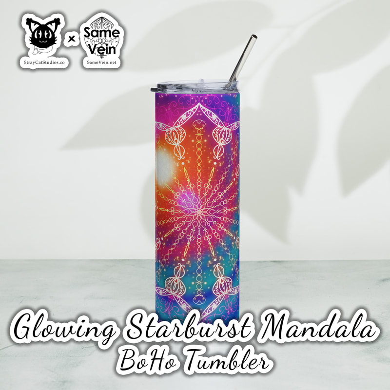 GLOWING STARBURST MANDALA | BOHO TUMBLER

***DETAILS***

Enjoy hot or cold drinks on the go with this stylish stainless steel BoHo Tumbler featuring our Glowing Starburst Mandala original artwork! This reusable tumbler with a metal straw is a perfect combo for hot or cold drinks at any time of the day, guaranteeing you'll feel good both inside and out. Digital PNG for tumbler wrap also available. Read below for more info!

• High-grade stainless steel tumbler
• 20 oz (600 ml)
• Tumbler size: 3.11″ × 8.42″ (7.9 cm × 21.4 cm)
• Straw and lid included with the tumbler
• A cylindrical shape (top to bottom) featuring 360 printable area
• Matte finish
• Protective color layer (varnish)

***DISCOVER MORE***

• If you enjoyed this Boho Tumbler, check out our others here:

Boho Tumblers: https://www.etsy.com/shop/SameVein?ref=shop_sugg§ion_id=39574002

• If you would prefer to craft your own as well, get our seamless digital tumbler wrap PNG downloads here:

Seamless BoHo Tumbler Wraps: https://www.etsy.com/shop/SameVein?ref=shop_sugg§ion_id=40059343

***SAME VEIN & STRAY CAT STUDIOS***

Thank you so much for your support! When people shop with us, it allows us to do more to support others, whether it be with our mental wellness & health work or assisting other creators do what they do best! We hope our work brings you peace and happiness both inside and out!

Share the love on social media and tag us for a chance of free giveaways!

Same Vein:
“A blog and community using creative outlets to understand mental wellness. Whether it be poetry, art, music, or any other medium, join in on the conversations! Check out our guided journals and planners or mandala activity and coloring books for self-improvement exercises. We also have home décor, books, poetry, apparel and accessories.”

• Etsy - https://www.etsy.com/shop/SameVein
• Website – SameVein.net
• Pinterest - @SameVein
• Facebook - @AlongTheSameVein
• Twitter - @Same_Vein
• Instagram - @Same_Vein

Stray Cat Studios:
“A community of creators working for creators. Our goal is to bridge the gap between company and community, bringing together the support and funds creators need to keep doing what they love while lifting each other up at the same time. The arts are not about competition, it is about cooperation. We're all in this together!”

• Website - StrayCatStudios.co
• Pinterest - @StrayCatStudios
• Facebook - @straycatstudiosofficial
• Twitter - @StrayCatArt
• Instagram - @straycatstudios

Much love! <3