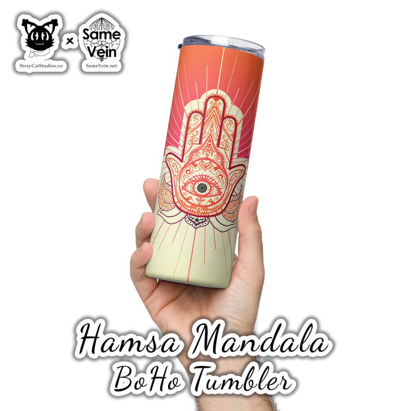 HAMSA MANDALA | BOHO TUMBLER

***DETAILS***

Enjoy hot or cold drinks on the go with this stylish stainless steel BoHo Tumbler featuring our Hamsa Mandala original artwork! This reusable tumbler with a metal straw is a perfect combo for hot or cold drinks at any time of the day, guaranteeing you'll feel good both inside and out. Digital PNG for tumbler wrap also available. Read below for more info!

• High-grade stainless steel tumbler
• 20 oz (600 ml)
• Tumbler size: 3.11″ × 8.42″ (7.9 cm × 21.4 cm)
• Straw and lid included with the tumbler
• A cylindrical shape (top to bottom) featuring 360 printable area
• Matte finish
• Protective color layer (varnish)

***DISCOVER MORE***

• If you enjoyed this Boho Tumbler, check out our others here:

Boho Tumblers: https://www.etsy.com/shop/SameVein?ref=shop_sugg§ion_id=39574002

• If you would prefer to craft your own as well, get our seamless digital tumbler wrap PNG downloads here:

Seamless BoHo Tumbler Wraps: https://www.etsy.com/shop/SameVein?ref=shop_sugg§ion_id=40059343

***SAME VEIN & STRAY CAT STUDIOS***

Thank you so much for your support! When people shop with us, it allows us to do more to support others, whether it be with our mental wellness & health work or assisting other creators do what they do best! We hope our work brings you peace and happiness both inside and out!

Share the love on social media and tag us for a chance of free giveaways!

Same Vein:
“A blog and community using creative outlets to understand mental wellness. Whether it be poetry, art, music, or any other medium, join in on the conversations! Check out our guided journals and planners or mandala activity and coloring books for self-improvement exercises. We also have home décor, books, poetry, apparel and accessories.”

• Etsy - https://www.etsy.com/shop/SameVein
• Website – SameVein.net
• Pinterest - @SameVein
• Facebook - @AlongTheSameVein
• Twitter - @Same_Vein
• Instagram - @Same_Vein

Stray Cat Studios:
“A community of creators working for creators. Our goal is to bridge the gap between company and community, bringing together the support and funds creators need to keep doing what they love while lifting each other up at the same time. The arts are not about competition, it is about cooperation. We're all in this together!”

• Website - StrayCatStudios.co
• Pinterest - @StrayCatStudios
• Facebook - @straycatstudiosofficial
• Twitter - @StrayCatArt
• Instagram - @straycatstudios

Much love! <3