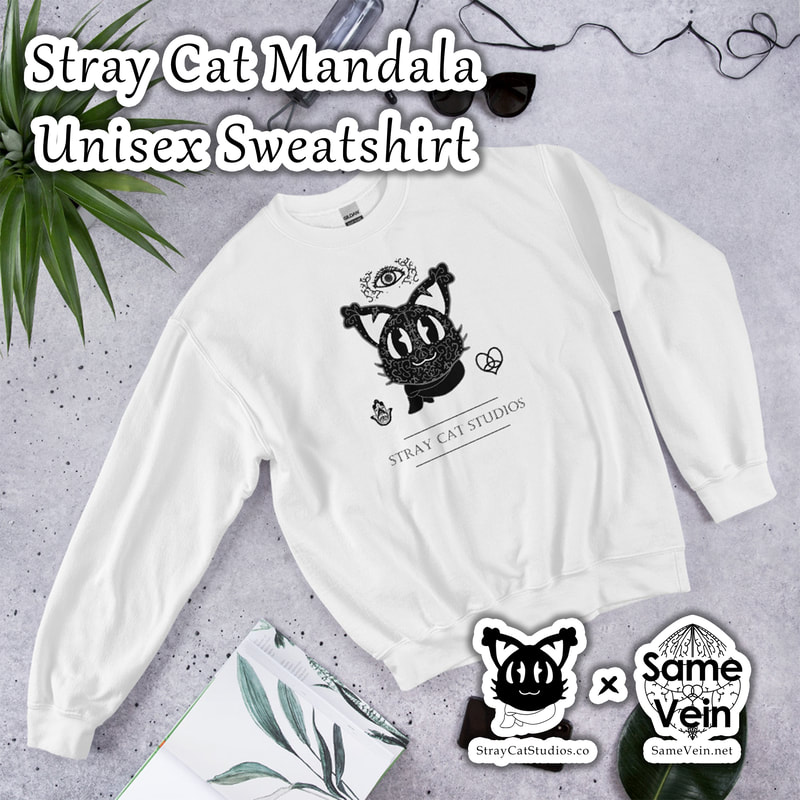 MANDALA STRAY CAT (BLACK) UNISEX SWEATSHIRT

***DETAILS***

It's our very own Stray Cat of Stray Cat Studios with a Mandala makeover!  We hope between our hand drawn cat design & the included Hamsa & other symbols of love & protection creates peace both inside and out!  A sturdy and warm sweatshirt bound to keep you warm in the colder months. A pre-shrunk, classic fit sweater that's made with air-jet spun yarn for a soft feel and reduced pilling.

***FABRICATION & MATERIALS***

• 50% cotton, 50% polyester
• Pre-shrunk
• Classic fit
• 1x1 athletic rib knit collar with spandex
• Air-jet spun yarn with a soft feel and reduced pilling
• Double-needle stitched collar, shoulders, armholes, cuffs, and hem

***DISCOVER MORE***

If you enjoyed this Boho Mandala Apparel, check out our others here:

Boho Mandala Apparel: https://www.etsy.com/shop/SameVein?ref=profile_header&section_id=37168463

***SAME VEIN & STRAY CAT STUDIOS***

Thank you so much for your support!  When people shop with us, it allows us to do more to support others, whether it be with our mental wellness & health work or assisting other creators do what they do best!  We hope our work brings you peace and happiness both inside and out! 

Share the love on social media and tag us for a chance of free giveaways!

Same Vein:
“A blog and community using creative outlets to understand mental wellness. Whether it be poetry, art, music, or any other medium, join in on the conversations! Check out our guided journals and planners or mandala activity and coloring books for self-improvement exercises. We also have home décor, books, poetry, apparel and accessories.”

•	Etsy - https://www.etsy.com/shop/SameVein
•	Website – SameVein.net
•	Pinterest - @SameVein
•	Facebook - @AlongTheSameVein
•	Twitter - @Same_Vein
•	Instagram - @Same_Vein

Stray Cat Studios:
“A community of creators working for creators. Our goal is to bridge the gap between company and community, bringing together the support and funds creators need to keep doing what they love while lifting each other up at the same time. The arts are not about competition, it is about cooperation. We're all in this together!”

•	Website - StrayCatStudios.co
•	Pinterest - @StrayCatStudios
•	Facebook - @straycatstudiosofficial
•	Twitter - @StrayCatArt
•	Instagram - @straycatstudios

Much love! <3