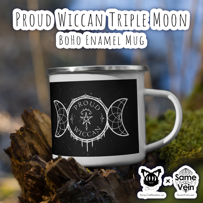 PROUD WICCAN TRIPLE MOON | BOHO ENAMEL MUG

***DETAILS***

Every happy camper needs a unique camper mug, and our original Proud Wiccan Triple Moon BoHo mandala design is sure to make you happy. It's lightweight, durable and multifunctional. Use it for your favorite beverage or a hot meal, and attach it to your bag for easy access on a hike. Certain to bring you peace and comfort!

***FABRICATION & MATERIALS***

• Material: Enamel
• Dimensions: height 3.14″ (8 cm), diameter 3.25″(8.25 cm)
• White coating with a silver rim
• Hand-wash only
• Blank product sourced from China

Attention! Don't heat liquids or food directly in the mug--it can damage the coating.

***DISCOVER MORE***

If you enjoyed this Boho Enamel Mug, check out our others here:

Meditation Enamel Mugs: https://www.etsy.com/shop/SameVein?ref=profile_header§ion_id=37799325

***SAME VEIN & STRAY CAT STUDIOS***

Thank you so much for your support! When people shop with us, it allows us to do more to support others, whether it be with our mental wellness & health work or assisting other creators do what they do best! We hope our work brings you peace and happiness both inside and out!

Share the love on social media and tag us for a chance of free giveaways!

Same Vein:
“A blog and community using creative outlets to understand mental wellness. Whether it be poetry, art, music, or any other medium, join in on the conversations! Check out our guided journals and planners or mandala activity and coloring books for self-improvement exercises. We also have home décor, books, poetry, apparel and accessories.”

• Etsy - https://www.etsy.com/shop/SameVein
• Website – SameVein.net
• Pinterest - @SameVein
• Facebook - @AlongTheSameVein
• Twitter - @Same_Vein
• Instagram - @Same_Vein

Stray Cat Studios:
“A community of creators working for creators. Our goal is to bridge the gap between company and community, bringing together the support and funds creators need to keep doing what they love while lifting each other up at the same time. The arts are not about competition, it is about cooperation. We're all in this together!”

• Website - StrayCatStudios.co
• Pinterest - @StrayCatStudios
• Facebook - @straycatstudiosofficial
• Twitter - @StrayCatArt
• Instagram - @straycatstudios

Much love! <3