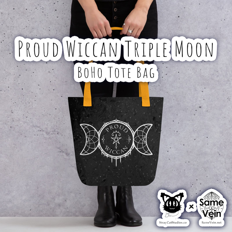 PROUD WICCAN TRIPLE MOON | BOHO TOTE BAG

***DETAILS***

A spacious and trendy Proud Wiccan Triple Moon BoHo Tote Bag to help you carry around everything that matters while bringing you both peace and serenity inside and out!

***FABRICATION & MATERIALS***

• 100% spun polyester fabric
• Bag size: 15″ × 15″ (38.1 × 38.1 cm)
• Capacity: 2.6 US gal (10 l)
• Maximum weight limit: 44lbs (20 kg)
• Dual handles made from 100% natural cotton bull denim
• Handle length 11.8″ (30 cm), width 1″ (2.5 cm)
• The handles can slightly differ depending on the fulfillment location
• Blank product components sourced from China

***DISCOVER MORE***

If you enjoyed this Boho Tote Bag, check out our others here:

Boho Tote Bags: https://www.etsy.com/shop/SameVein?ref=profile_header§ion_id=37425012

***SAME VEIN & STRAY CAT STUDIOS***

Thank you so much for your support! When people shop with us, it allows us to do more to support others, whether it be with our mental wellness & health work or assisting other creators do what they do best! We hope our work brings you peace and happiness both inside and out!

Share the love on social media and tag us for a chance of free giveaways!

Same Vein:
“A blog and community using creative outlets to understand mental wellness. Whether it be poetry, art, music, or any other medium, join in on the conversations! Check out our guided journals and planners or mandala activity and coloring books for self-improvement exercises. We also have home décor, books, poetry, apparel and accessories.”

• Etsy - https://www.etsy.com/shop/SameVein
• Website – SameVein.net
• Pinterest - @SameVein
• Facebook - @AlongTheSameVein
• Twitter - @Same_Vein
• Instagram - @Same_Vein

Stray Cat Studios:
“A community of creators working for creators. Our goal is to bridge the gap between company and community, bringing together the support and funds creators need to keep doing what they love while lifting each other up at the same time. The arts are not about competition, it is about cooperation. We're all in this together!”

• Website - StrayCatStudios.co
• Pinterest - @StrayCatStudios
• Facebook - @straycatstudiosofficial
• Twitter - @StrayCatArt
• Instagram - @straycatstudios

Much love! <3