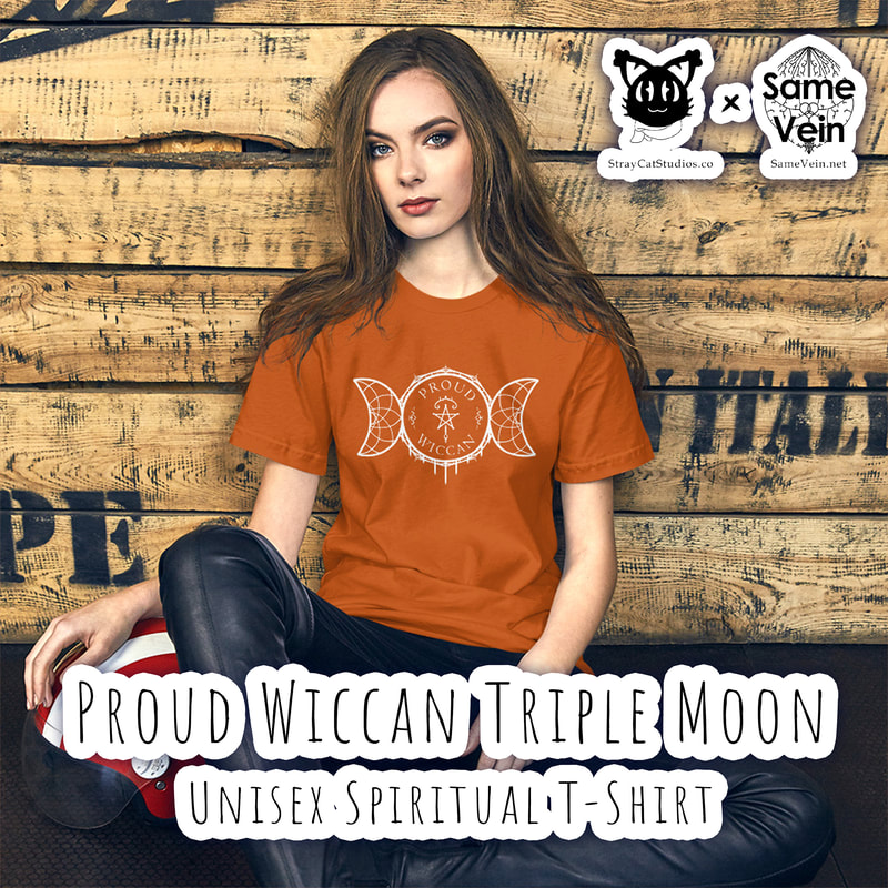 PROUD WICCAN TRIPLE MOON UNISEX SPIRITUAL T-SHIRT

***DETAILS***

This unisex t-shirt with our Proud Wiccan Triple Moon artwork is everything you've dreamed of and more. Designed to bring you peace and comfort inside and out! It feels soft and lightweight, with the right amount of stretch. It's comfortable and flattering for all.

***FABRICATION & MATERIALS***

• 100% combed and ring-spun cotton (Heather colors contain polyester)
• Fabric weight: 4.2 oz/yd² (142 g/m²)
• Pre-shrunk fabric
• Side-seamed construction
• Shoulder-to-shoulder taping
• Blank product sourced from Guatemala, Nicaragua, Mexico, Honduras, or the US

***DISCOVER MORE***

If you enjoyed this Boho Mandala Apparel, check out our others here:

Boho Mandala Apparel: https://www.etsy.com/shop/SameVein?ref=profile_header§ion_id=37168463

***SAME VEIN & STRAY CAT STUDIOS***

Thank you so much for your support! When people shop with us, it allows us to do more to support others, whether it be with our mental wellness & health work or assisting other creators do what they do best! We hope our work brings you peace and happiness both inside and out!

Share the love on social media and tag us for a chance of free giveaways!

Same Vein:
“A blog and community using creative outlets to understand mental wellness. Whether it be poetry, art, music, or any other medium, join in on the conversations! Check out our guided journals and planners or mandala activity and coloring books for self-improvement exercises. We also have home décor, books, poetry, apparel and accessories.”

• Etsy - https://www.etsy.com/shop/SameVein
• Website – SameVein.net
• Pinterest - @SameVein
• Facebook - @AlongTheSameVein
• Twitter - @Same_Vein
• Instagram - @Same_Vein

Stray Cat Studios:
“A community of creators working for creators. Our goal is to bridge the gap between company and community, bringing together the support and funds creators need to keep doing what they love while lifting each other up at the same time. The arts are not about competition, it is about cooperation. We're all in this together!”

• Website - StrayCatStudios.co
• Pinterest - @StrayCatStudios
• Facebook - @straycatstudiosofficial
• Twitter - @StrayCatArt
• Instagram - @straycatstudios

Much love! <3