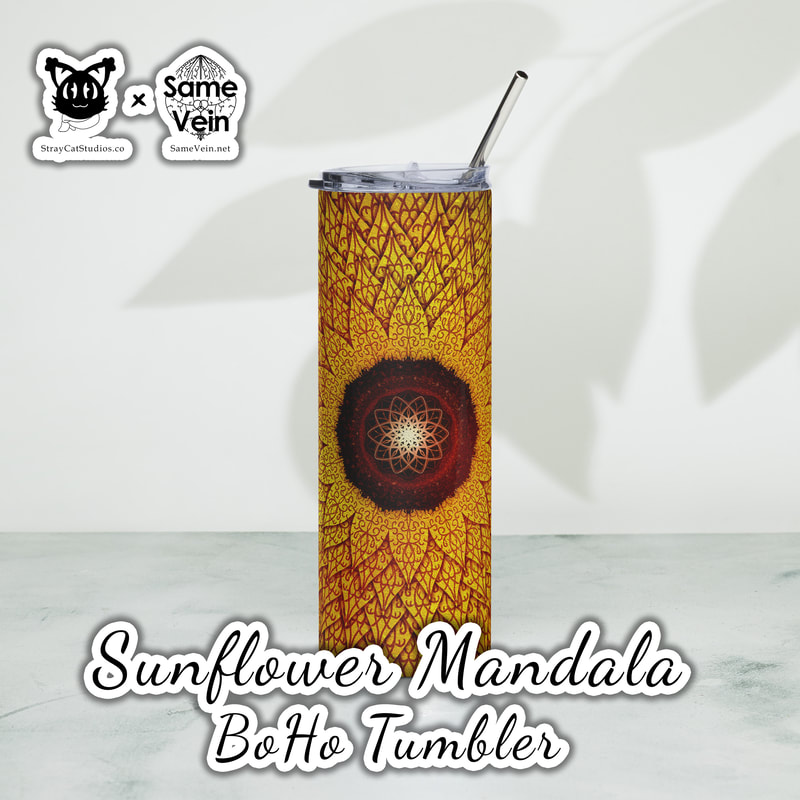 SUNFLOWER MANDALA | BOHO TUMBLER

***DETAILS***

Enjoy hot or cold drinks on the go with this stylish stainless steel BoHo Tumbler featuring our Sunflower Mandala original artwork! This reusable tumbler with a metal straw is a perfect combo for hot or cold drinks at any time of the day, guaranteeing you'll feel good both inside and out. Digital PNG for tumbler wrap also available. Read below for more info!

• High-grade stainless steel tumbler
• 20 oz (600 ml)
• Tumbler size: 3.11″ × 8.42″ (7.9 cm × 21.4 cm)
• Straw and lid included with the tumbler
• A cylindrical shape (top to bottom) featuring 360 printable area
• Matte finish
• Protective color layer (varnish)

***DISCOVER MORE***

• If you enjoyed this Boho Tumbler, check out our others here:

Boho Tumblers: https://www.etsy.com/shop/SameVein?ref=shop_sugg§ion_id=39574002

• If you would prefer to craft your own as well, get our seamless digital tumbler wrap PNG downloads here:

Seamless BoHo Tumbler Wraps: https://www.etsy.com/shop/SameVein?ref=shop_sugg§ion_id=40059343

***SAME VEIN & STRAY CAT STUDIOS***

Thank you so much for your support! When people shop with us, it allows us to do more to support others, whether it be with our mental wellness & health work or assisting other creators do what they do best! We hope our work brings you peace and happiness both inside and out!

Share the love on social media and tag us for a chance of free giveaways!

Same Vein:
“A blog and community using creative outlets to understand mental wellness. Whether it be poetry, art, music, or any other medium, join in on the conversations! Check out our guided journals and planners or mandala activity and coloring books for self-improvement exercises. We also have home décor, books, poetry, apparel and accessories.”

• Etsy - https://www.etsy.com/shop/SameVein
• Website – SameVein.net
• Pinterest - @SameVein
• Facebook - @AlongTheSameVein
• Twitter - @Same_Vein
• Instagram - @Same_Vein

Stray Cat Studios:
“A community of creators working for creators. Our goal is to bridge the gap between company and community, bringing together the support and funds creators need to keep doing what they love while lifting each other up at the same time. The arts are not about competition, it is about cooperation. We're all in this together!”

• Website - StrayCatStudios.co
• Pinterest - @StrayCatStudios
• Facebook - @straycatstudiosofficial
• Twitter - @StrayCatArt
• Instagram - @straycatstudios

Much love! <3