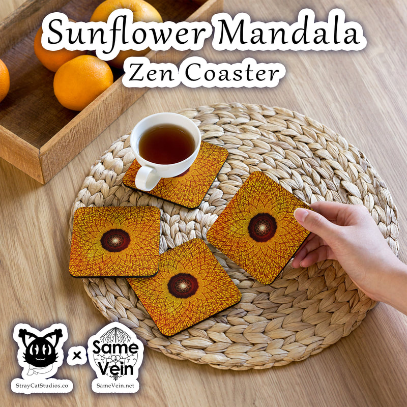 SUNFLOWER MANDALA | ZEN COASTER

***DETAILS***

This cork-back Zen coaster with our Sunflower Mandala artwork is a perfect match for your favorite mug! Create a peaceful homey feel both inside your house and your spirit while protecting your coffee table or nightstand from mug stains and moisture. The coaster is waterproof and heat-resistant, designed to last a long time. Buy it for yourself or as a lovely gift for your BoHo friends and family. Get a set of 4 or more to avoid any and all shipping too!

***FABRICATION & MATERIALS***

• Hardboard MDF 0.12″ (3 mm)
• Cork 0.04″ (1 mm)
• High-gloss coating on top
• Size: 3.74″ × 3.74″ × 0.16″ (95 × 95 × 4 mm)
• Rounded corners
• Water-repellent, heat-resistant, and non-slip
• Easy to clean

The displayed price is for a single item.

***DISCOVER MORE***

If you enjoyed this Zen Coaster, check out our others here:

Zen Coasters: https://www.etsy.com/shop/SameVein?ref=shop_sugg§ion_id=40320926

***SAME VEIN & STRAY CAT STUDIOS***

Thank you so much for your support! When people shop with us, it allows us to do more to support others, whether it be with our mental wellness & health work or assisting other creators do what they do best! We hope our work brings you peace and happiness both inside and out!

Share the love on social media and tag us for a chance of free giveaways!

Same Vein:
“A blog and community using creative outlets to understand mental wellness. Whether it be poetry, art, music, or any other medium, join in on the conversations! Check out our guided journals and planners or mandala activity and coloring books for self-improvement exercises. We also have home décor, books, poetry, apparel and accessories.”

• Etsy - https://www.etsy.com/shop/SameVein
• Website – SameVein.net
• Pinterest - @SameVein
• Facebook - @AlongTheSameVein
• Twitter - @Same_Vein
• Instagram - @Same_Vein

Stray Cat Studios:
“A community of creators working for creators. Our goal is to bridge the gap between company and community, bringing together the support and funds creators need to keep doing what they love while lifting each other up at the same time. The arts are not about competition, it is about cooperation. We're all in this together!”

• Website - StrayCatStudios.co
• Pinterest - @StrayCatStudios
• Facebook - @straycatstudiosofficial
• Twitter - @StrayCatArt
• Instagram - @straycatstudios

Much love! <3