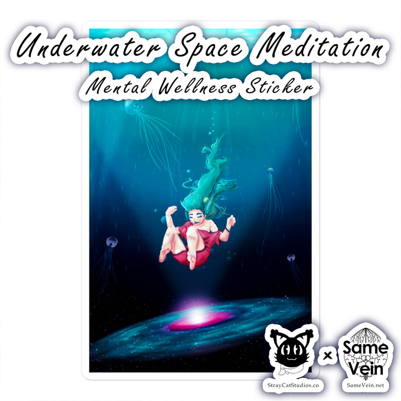 UNDERWATER SPACE MEDITATION | MENTAL WELLNESS STICKER

***DETAILS***

Any item can be exciting with a fun sticker! Add a little extra motivation and joy to your life with these durable Underwater Space Meditation vinyl stickers. They will serve as a perfect reminder to live your life to the fullest.

• High opacity film that’s impossible to see through
• Fast and easy bubble-free application
• Durable vinyl, perfect for indoor use
• 95µ density

Don't forget to clean the surface before applying the sticker.

***DISCOVER MORE***

If you enjoyed this Mental Wellness Sticker, check out our others here:

Mental Wellness Stickers: https://www.etsy.com/shop/SameVein?ref=shop_sugg§ion_id=39198870

***SAME VEIN & STRAY CAT STUDIOS***

Thank you so much for your support! When people shop with us, it allows us to do more to support others, whether it be with our mental wellness & health work or assisting other creators do what they do best! We hope our work brings you peace and happiness both inside and out!

Share the love on social media and tag us for a chance of free giveaways!

Same Vein:
“A blog and community using creative outlets to understand mental wellness. Whether it be poetry, art, music, or any other medium, join in on the conversations! Check out our guided journals and planners or mandala activity and coloring books for self-improvement exercises. We also have home décor, books, poetry, apparel and accessories.”

• Etsy - https://www.etsy.com/shop/SameVein
• Website – SameVein.net
• Pinterest - @SameVein
• Facebook - @AlongTheSameVein
• Twitter - @Same_Vein
• Instagram - @Same_Vein

Stray Cat Studios:
“A community of creators working for creators. Our goal is to bridge the gap between company and community, bringing together the support and funds creators need to keep doing what they love while lifting each other up at the same time. The arts are not about competition, it is about cooperation. We're all in this together!”

• Website - StrayCatStudios.co
• Pinterest - @StrayCatStudios
• Facebook - @straycatstudiosofficial
• Twitter - @StrayCatArt
• Instagram - @straycatstudios

Much love! <3