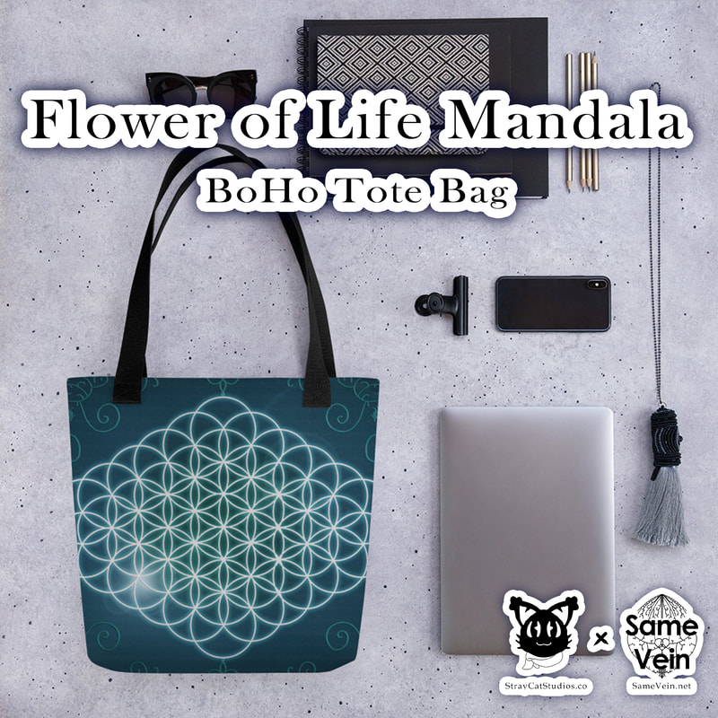 BLUE FLOWER OF LIFE MANDALA | BOHO TOTE BAG

***DETAILS***

A spacious and trendy Blue Flower of Life Mandala boho tote bag to help you carry around everything that matters while bringing you both peace and serenity inside and out!

***FABRICATION & MATERIALS***

• 100% spun polyester fabric
• Bag size: 15″ × 15″ (38.1 × 38.1 cm)
• Capacity: 2.6 US gal (10 l)
• Maximum weight limit: 44lbs (20 kg)
• Dual handles made from 100% natural cotton bull denim
• Handle length 11.8″ (30 cm), width 1″ (2.5 cm)
• The handles can slightly differ depending on the fulfillment location
• Blank product components sourced from China

***DISCOVER MORE***

If you enjoyed this Boho Tote Bag, check out our others here:

Boho Tote Bags: https://www.etsy.com/shop/SameVein?ref=profile_header§ion_id=37425012

***SAME VEIN & STRAY CAT STUDIOS***

Thank you so much for your support! When people shop with us, it allows us to do more to support others, whether it be with our mental wellness & health work or assisting other creators do what they do best! We hope our work brings you peace and happiness both inside and out!

Share the love on social media and tag us for a chance of free giveaways!

Same Vein:
“A blog and community using creative outlets to understand mental wellness. Whether it be poetry, art, music, or any other medium, join in on the conversations! Check out our guided journals and planners or mandala activity and coloring books for self-improvement exercises. We also have home décor, books, poetry, apparel and accessories.”

• Etsy - https://www.etsy.com/shop/SameVein
• Website – SameVein.net
• Pinterest - @SameVein
• Facebook - @AlongTheSameVein
• Twitter - @Same_Vein
• Instagram - @Same_Vein

Stray Cat Studios:
“A community of creators working for creators. Our goal is to bridge the gap between company and community, bringing together the support and funds creators need to keep doing what they love while lifting each other up at the same time. The arts are not about competition, it is about cooperation. We're all in this together!”

• Website - StrayCatStudios.co
• Pinterest - @StrayCatStudios
• Facebook - @straycatstudiosofficial
• Twitter - @StrayCatArt
• Instagram - @straycatstudios

Much love! <3