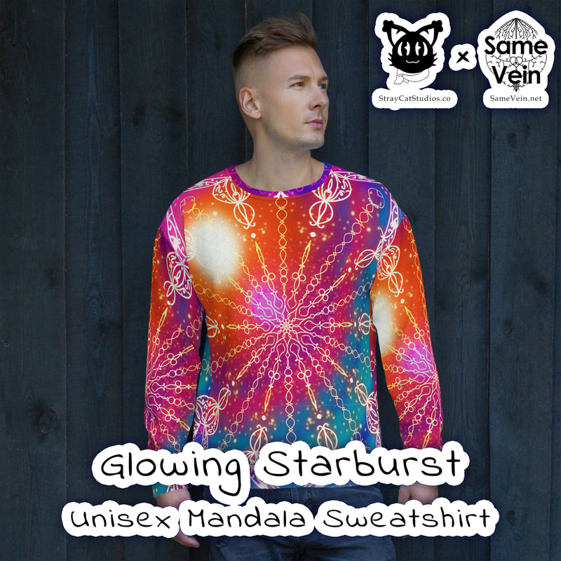 GLOWING STARBURST | UNISEX MANDALA SWEATSHIRT

***DETAILS***

Enjoy our unique, all-over printed Mandala Sweatshirt with our Glowing Starburst original artwork! Precision-cut and hand-sewn to achieve the best possible look and bring out the intricate design. What's more, the durable fabric with a cotton-feel face and soft brushed fleece inside means that this sweatshirt is bound to become your favorite for a long time. We hope this BoHo sweater brings you peace and comfort both inside and out!

***FABRICATION & MATERIALS***

• 70% polyester, 27% cotton, 3% elastane
• Fabric weight: 8.85 oz/yd² (300 g/m²), weight may vary by 2%
• Soft cotton-feel face
• Brushed fleece fabric inside
• Unisex fit
• Overlock seams
• Blank product components sourced from Poland

***DISCOVER MORE***

If you enjoyed this Boho Mandala Apparel, check out our others here:

Boho Mandala Apparel: https://www.etsy.com/shop/SameVein?ref=profile_header§ion_id=37168463

***SAME VEIN & STRAY CAT STUDIOS***

Thank you so much for your support! When people shop with us, it allows us to do more to support others, whether it be with our mental wellness & health work or assisting other creators do what they do best! We hope our work brings you peace and happiness both inside and out!

Share the love on social media and tag us for a chance of free giveaways!

Same Vein:
“A blog and community using creative outlets to understand mental wellness. Whether it be poetry, art, music, or any other medium, join in on the conversations! Check out our guided journals and planners or mandala activity and coloring books for self-improvement exercises. We also have home décor, books, poetry, apparel and accessories.”

• Etsy - https://www.etsy.com/shop/SameVein
• Website – SameVein.net
• Pinterest - @SameVein
• Facebook - @AlongTheSameVein
• Twitter - @Same_Vein
• Instagram - @Same_Vein

Stray Cat Studios:
“A community of creators working for creators. Our goal is to bridge the gap between company and community, bringing together the support and funds creators need to keep doing what they love while lifting each other up at the same time. The arts are not about competition, it is about cooperation. We're all in this together!”

• Website - StrayCatStudios.co
• Pinterest - @StrayCatStudios
• Facebook - @straycatstudiosofficial
• Twitter - @StrayCatArt
• Instagram - @straycatstudios

Much love! <3