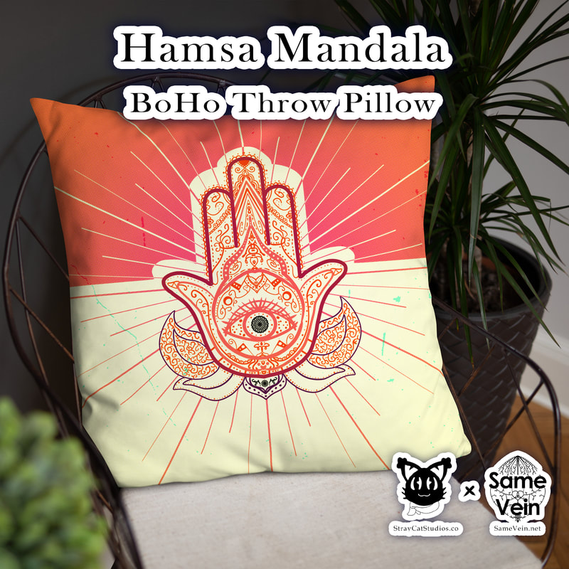 HAMSA MANDALA | BOHO THROW PILLOW AND CASE

***DETAILS***

A strategically placed accent can bring the whole room to life, and this Boho Hamsa Mandala throw pillow is just what you need to do that. What's more, the soft, machine-washable case with the shape-retaining insert is a joy to have long afternoon naps on. I hope this brings peace, love, and comfort both inside and out!

***FABRICATION & MATERIALS***

• 100% polyester case and insert
• Fabric weight: 6.49-8.85 oz/yd² (220-300 g/m²)
• Hidden zipper
• Machine-washable case
• Shape-retaining polyester insert included (handwash only)
• Blank product components in the US sourced from China and the US
• Blank product components in the EU sourced from China and Poland
Attention! Don't heat liquids or food directly in the mug--it can damage the coating.

***DISCOVER MORE***

If you enjoyed this Boho Pillow and Case, check out our others here:

Boho Pillow and Cases: https://www.etsy.com/shop/SameVein?ref=profile_header§ion_id=37233813

***SAME VEIN & STRAY CAT STUDIOS***

Thank you so much for your support! When people shop with us, it allows us to do more to support others, whether it be with our mental wellness & health work or assisting other creators do what they do best! We hope our work brings you peace and happiness both inside and out!

Share the love on social media and tag us for a chance of free giveaways!

Same Vein:
“A blog and community using creative outlets to understand mental wellness. Whether it be poetry, art, music, or any other medium, join in on the conversations! Check out our guided journals and planners or mandala activity and coloring books for self-improvement exercises. We also have home décor, books, poetry, apparel and accessories.”

• Etsy - https://www.etsy.com/shop/SameVein
• Website – SameVein.net
• Pinterest - @SameVein
• Facebook - @AlongTheSameVein
• Twitter - @Same_Vein
• Instagram - @Same_Vein

Stray Cat Studios:
“A community of creators working for creators. Our goal is to bridge the gap between company and community, bringing together the support and funds creators need to keep doing what they love while lifting each other up at the same time. The arts are not about competition, it is about cooperation. We're all in this together!”

• Website - StrayCatStudios.co
• Pinterest - @StrayCatStudios
• Facebook - @straycatstudiosofficial
• Twitter - @StrayCatArt
• Instagram - @straycatstudios

Much Love! <3