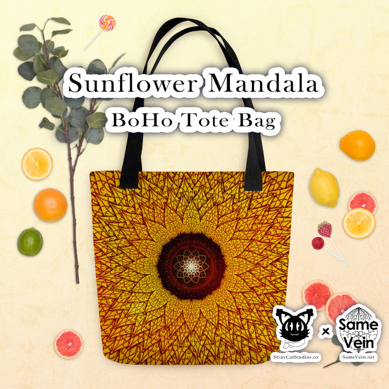 SUNFLOWER MANDALA | BOHO TOTE BAG

***DETAILS***

A spacious and trendy Sunflower Mandala boho tote bag to help you carry around everything that matters while bringing you both peace and serenity inside and out!

***FABRICATION & MATERIALS***

• 100% spun polyester fabric
• Bag size: 15″ × 15″ (38.1 × 38.1 cm)
• Capacity: 2.6 US gal (10 l)
• Maximum weight limit: 44lbs (20 kg)
• Dual handles made from 100% natural cotton bull denim
• Handle length 11.8″ (30 cm), width 1″ (2.5 cm)
• The handles can slightly differ depending on the fulfillment location
• Blank product components sourced from China

***DISCOVER MORE***

If you enjoyed this Boho Tote Bag, check out our others here:

Boho Tote Bags: https://www.etsy.com/shop/SameVein?ref=profile_header§ion_id=37425012

***SAME VEIN & STRAY CAT STUDIOS***

Thank you so much for your support! When people shop with us, it allows us to do more to support others, whether it be with our mental wellness & health work or assisting other creators do what they do best! We hope our work brings you peace and happiness both inside and out!

Share the love on social media and tag us for a chance of free giveaways!

Same Vein:
“A blog and community using creative outlets to understand mental wellness. Whether it be poetry, art, music, or any other medium, join in on the conversations! Check out our guided journals and planners or mandala activity and coloring books for self-improvement exercises. We also have home décor, books, poetry, apparel and accessories.”

• Etsy - https://www.etsy.com/shop/SameVein
• Website – SameVein.net
• Pinterest - @SameVein
• Facebook - @AlongTheSameVein
• Twitter - @Same_Vein
• Instagram - @Same_Vein

Stray Cat Studios:
“A community of creators working for creators. Our goal is to bridge the gap between company and community, bringing together the support and funds creators need to keep doing what they love while lifting each other up at the same time. The arts are not about competition, it is about cooperation. We're all in this together!”

• Website - StrayCatStudios.co
• Pinterest - @StrayCatStudios
• Facebook - @straycatstudiosofficial
• Twitter - @StrayCatArt
• Instagram - @straycatstudios

Much love! <3